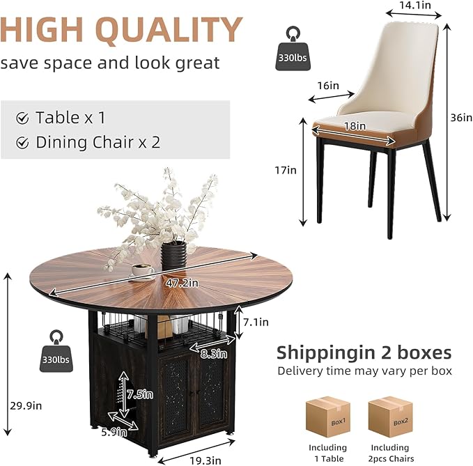 47" Round Dining Table Set for 4-6 People, Large Farmhouse Kitchen Dining Table Set with Chairs and Storage Rack, Metal Base Round Table for Home Dining Room Living Room (Cat table and 2 brown chairs)
