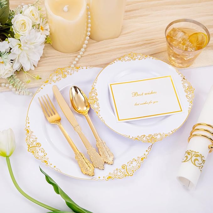 Hioasis 350pcs White and Gold Plates - White Party Plates for 50 Guest, Include 100 Heavy-duty Plates(20% Thicker Than Standard), 150 Cutlery Set, 50 Napkin, 50 Cups
