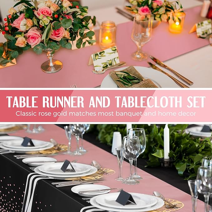 Breling 24 Packs Black and Rose Breling Disposable Plastic Tablecloths and Satin Table Runner Set, 54 x 108 Inch Tablecloth, 12 x 108 Inch Table Runners for Wedding Graduation Birthday Baby Shower