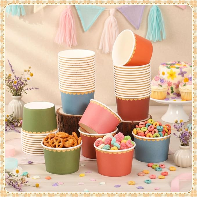 Zopeal 96 Pcs Fall Wildflower Disposable Ice Cream Bowls 9oz Colorful Gradient Color Paper Snack Cups with Gold Scallop for Parties, Weddings, Baby Showers, Desserts, Yogurt, and Salads