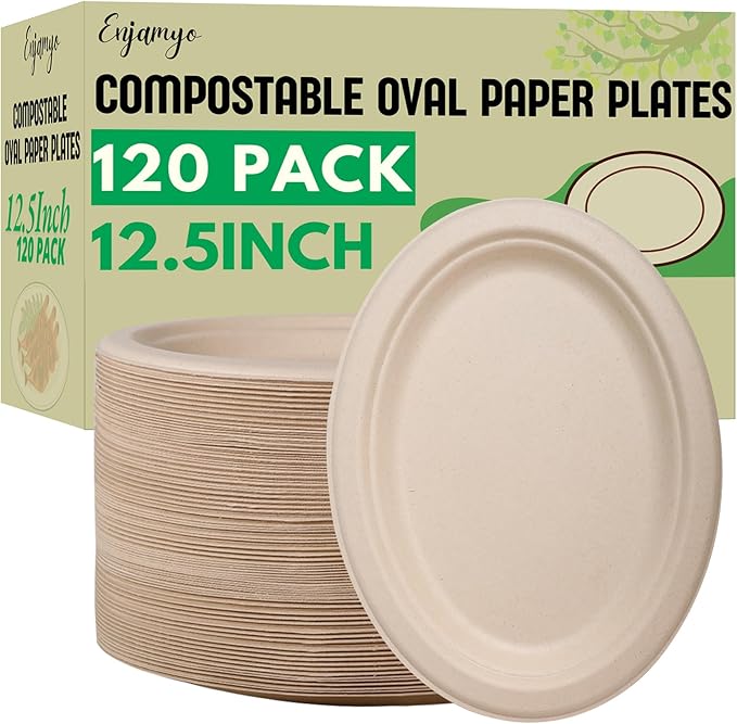 120 Pack Oval Paper Plates,12.5 Inch Disposable Paper Plates,Super Strong Oval Paper Dinner Plates,Compostable Biodegradable Sugarcane Plates for BBQ,Party,Picnic(Brown)