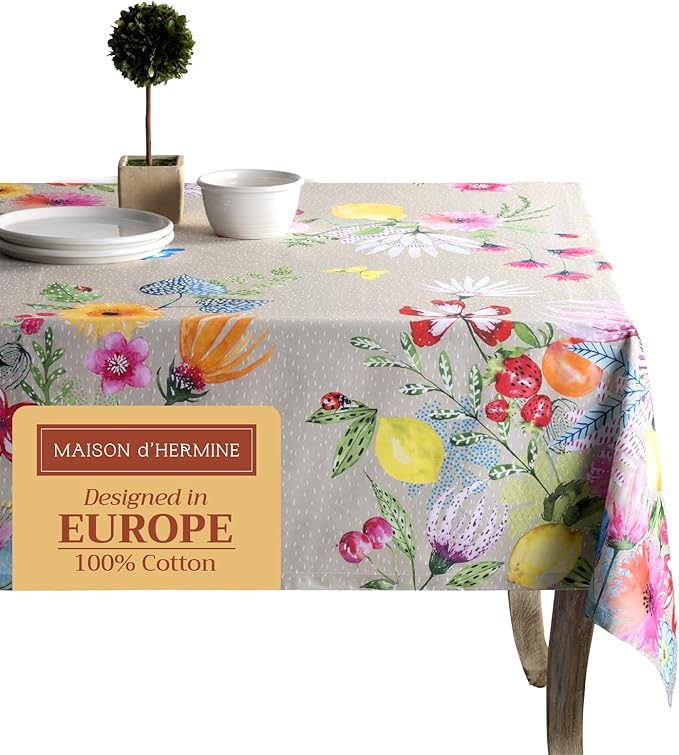 Maison d' Hermine Table Cloth Square Table 100% Cotton 60 x 60 Inches Tablecloth Reusable Decorative for Dining Room Farmhouse Home Valentines Day Decorations Spring Summer - Jardin D'Ete - Fog