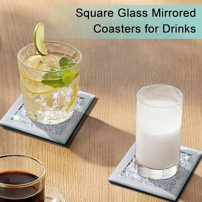 Glass Mirrored Coasters Set of 4, Square Coasters with Crushed Diamond, Mirrored Silver Glass Cup Mats for Drinks, Home Decoration, Kitchen Cafe Bar Restaurant Tabletop Protection