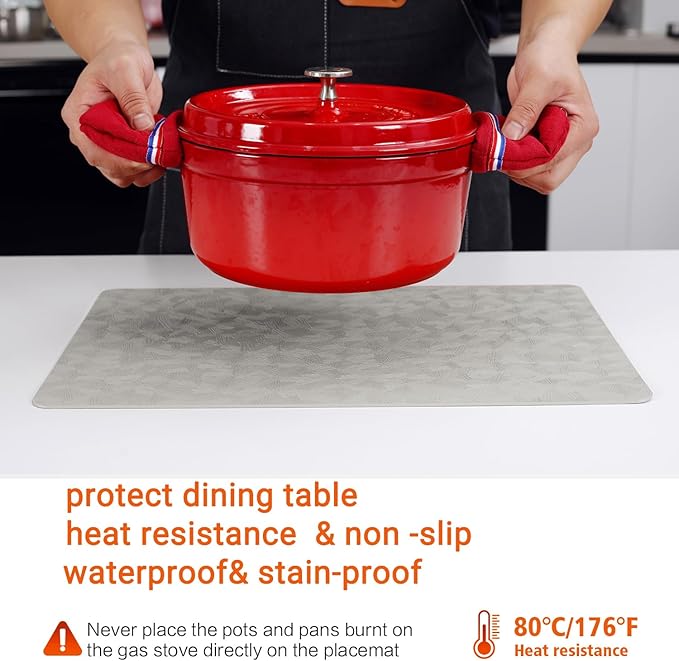 Vinyl Placemats Set of 12 Heat Resistant Easy Clean Non-Slip Place Mats for Dining Table Faux Leather Waterproof Stain Resistant Wipeable Washable PVC Table Mats(12, Light Gray)