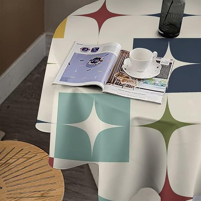 Middle Century Modern Round Tablecloth, Retro Mid Century Geometry Abstract Bohemia Tablecloth for Home Party Dining Room Kitchen Decor 60Inch(152cm)