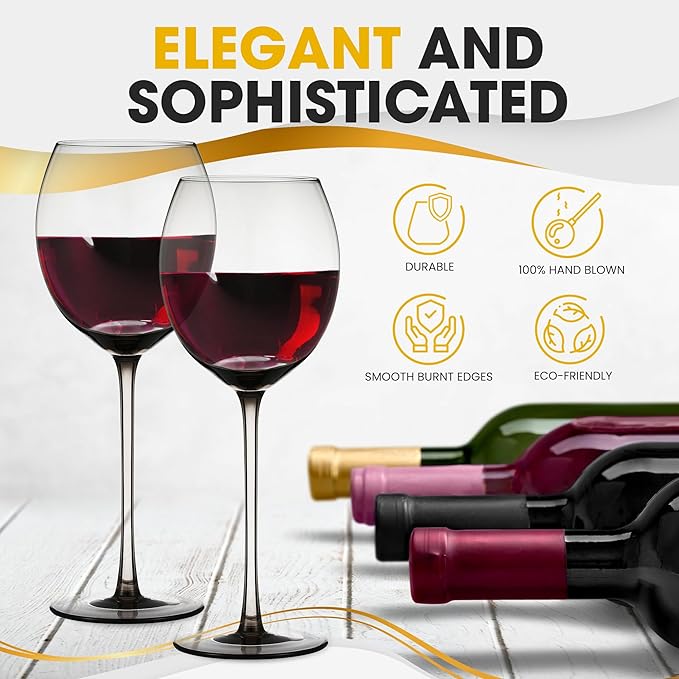 Colored Red Wine Glasses Set of 2 - Elegant Long Stem Wine Glass - 13.3oz (Smoke)