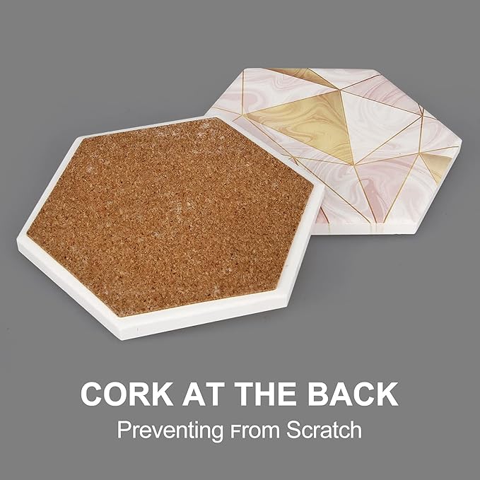 6 Pack Pink Marble Coasters with Holder Gold Absorbent Drink Unique Coaster Cute Ceramic Table Coaster Set Funny Kitchen Accessories Decorative Bar Coster Modern Coffee Table Decor Cup Coasters