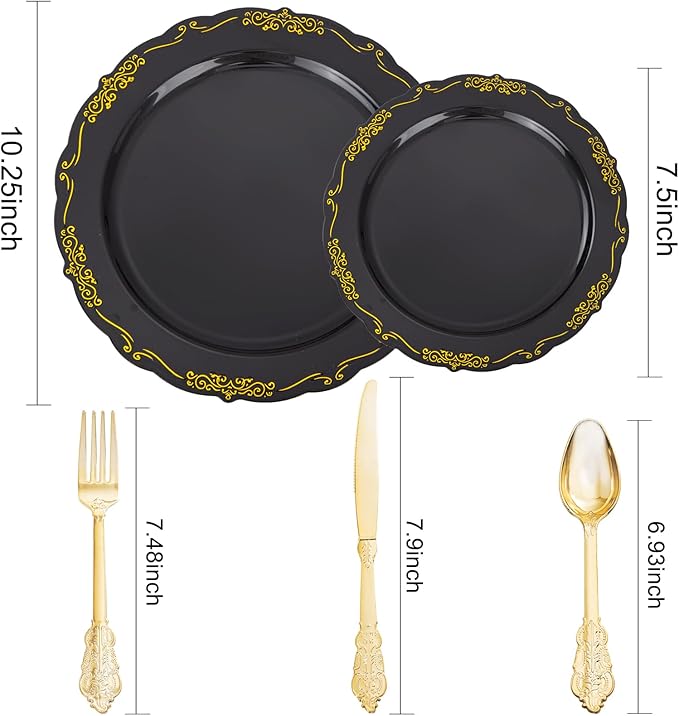 DaYammi 150Pcs Black Gold Plastic Plates & Plastic Silverware,Black Disposable Plates for Party Include 30 Dinner Plate,30 Dessert Plate,30 Knives,30 Forks,30 Spoons,black plates for Party Wedding