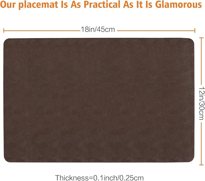 Vinyl Placemats Set of 6 Heat Resistant Easy Clean Non-Slip Place Mats for Dining Table Faux Leather Waterproof Stain Resistant Wipeable Washable PVC Table Mats(6, Brown)