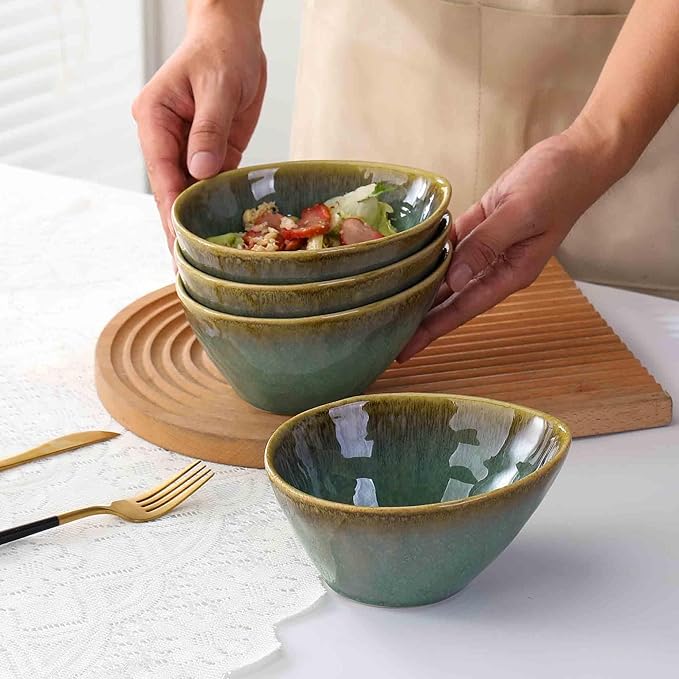 Henten Home Ceramic 20 oz Salad Bowls Set, Slanted Snack Bowl Set of 4, Porcelain Serving Bowls for Soup, Dessert, Microwave & Dishwasher Safe, Reactive Glaze (Green)