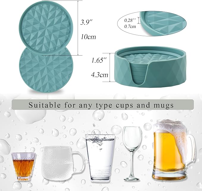 Silicone Coasters for Drinks[6 Pack]- Cup Mat with Holder for Tabletop Protection-Non-Slip, Non-Stick, Coffee Table Decor, Great Gift for Any Occasion, Light Blue