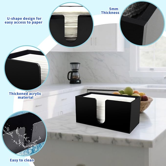 Paper Towel Holder for Countertop, Black Acrylic Napkin Dispenser – Fits Multifold, C-Fold & Z-Fold Trifold Towels, Durable 5mm Thick for Bathroom, Kitchen, Restaurant & Toilet(4pcs)