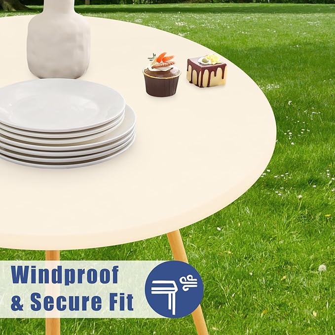 Round Spandex Tablecloth, Elastic Fitted Waterproof Tablecloths for 45"-56" Tables, Stretch Washable Picnic Table Cover for Camping, Dining, Indoor and Outdoor, Beige