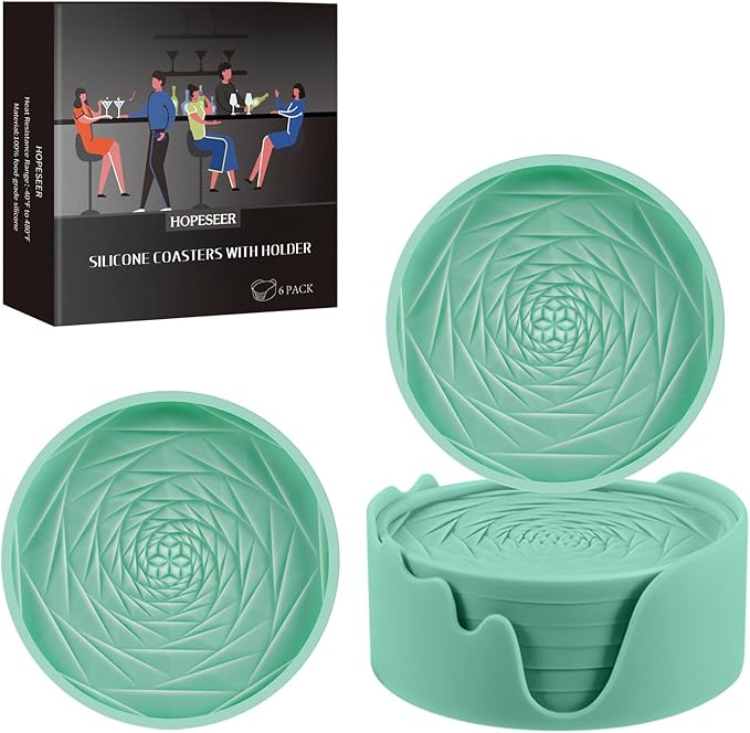 Silicone Coasters Set of 6 with Holder, Unique Rose Petal Design, Drink Coasters for Table Protection, Cup Mat for Hot-Cold Beverages, Modern Non-Slip, Non-Stick Design, Ideal Gift(6 Pack, Mint Green)