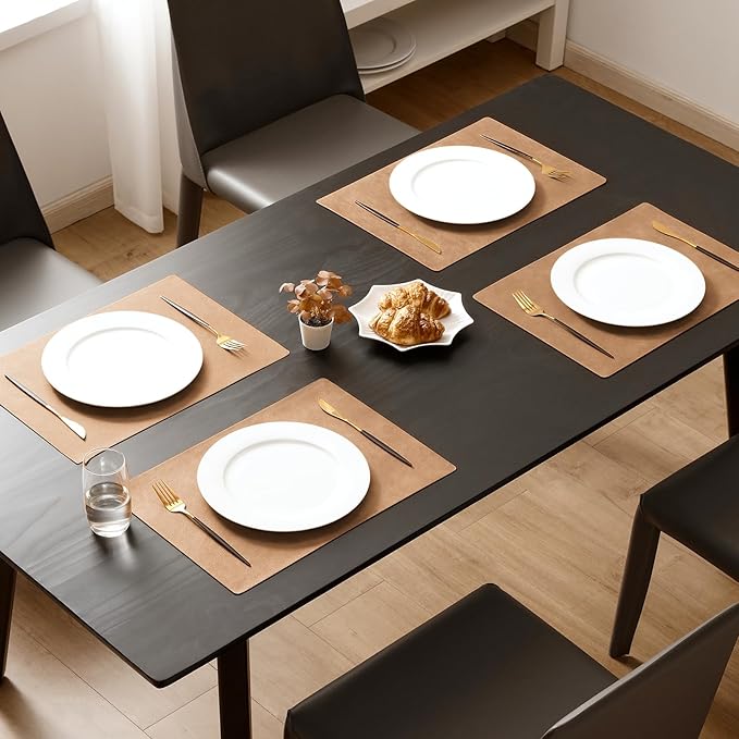MOSAYT Vinyl Placemats Set of 8-12 X 17 Inch - Faux Leather 100% Waterproof Oil-Proof Wipeable PU Place Mats, Heat Resistant Reversible Table Mats for Kitchen, Dining, Outdoor (Camel)