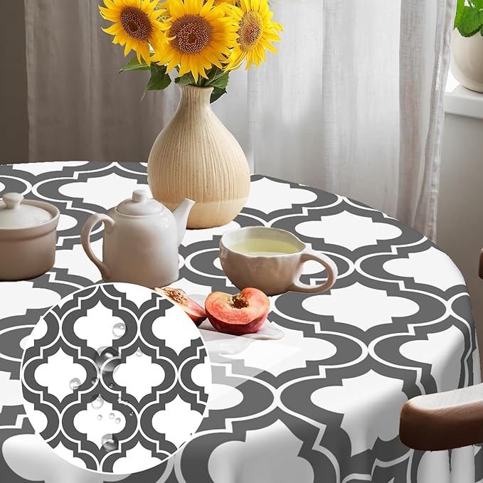 Laeacco 48 Inch Morocco Round Tablecloth Grey White Geometric Lattice Modern Abstract Art Print Table Cloth Washable Waterproof Wrinkle Free Table Cover for Kitchen Dining Picnic Party Decoration
