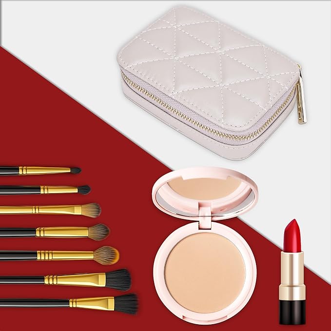 Lipstick Holder with Mirror for Purse, Genuine Leather Makeup Case, Compact Zippered Travel Cosmetic Organizer, Beige