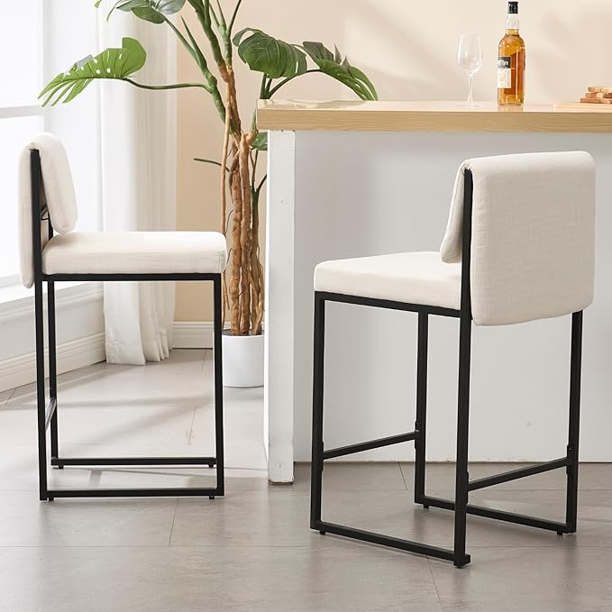 Modern Barstools Set of 4, 26” Upholstered Counter Height Bar Stools Linen Fabric Counter Stools with Padded Back Metal Frame for Kitchen Island Dining Room, Beige