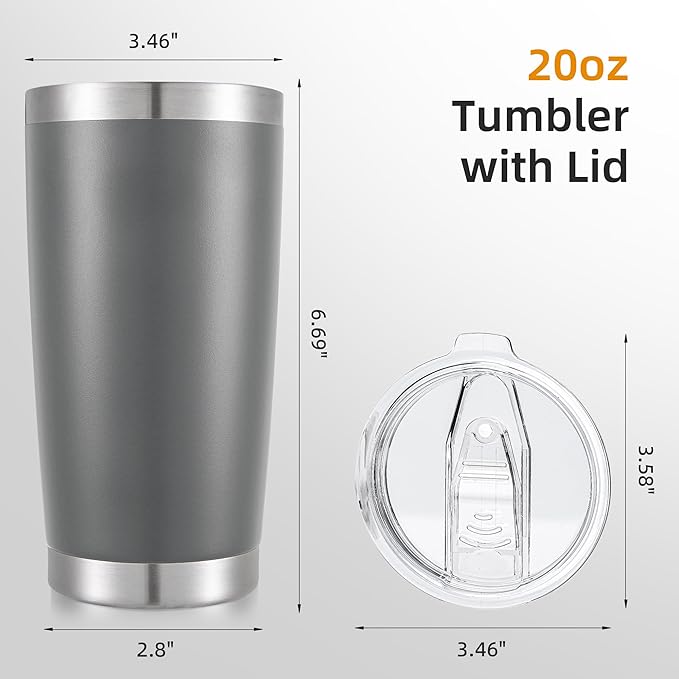 20 oz Tumbler Bulk with Lid Stainless Steel Insulated Tumblers Double Wall Vacuum Coffee Mug Powder Coated Tumbler Cups for Cold and Hot Drinks, Grey, 6 pack