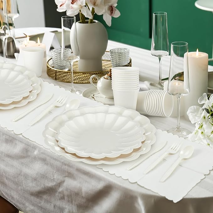 350 Pcs Cream White Scalloped Paper Plates Shell Edge Disposable Tableware Cocktail Napkins Cups Plastic Spoons Forks Knives for Wedding Baby Shower Picnic Birthday Party Supply for 50 Guests