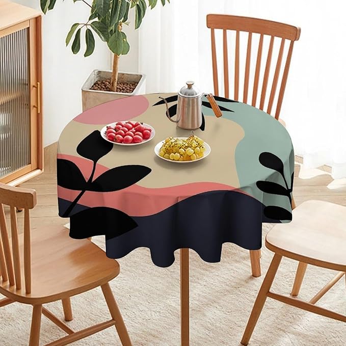 Medieval Bohemian Abstract Round Tablecloth, Mid Century Modern Leaves Geometric Tablecloth for Home Party Dining Room Kitchen Decor 50Inch(127cm)