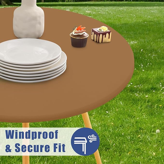 Round Spandex Tablecloth, Elastic Fitted Waterproof Tablecloths for 42"-50" Tables, Stretch Washable Picnic Table Cover for Camping, Dining, Indoor and Outdoor,Brown