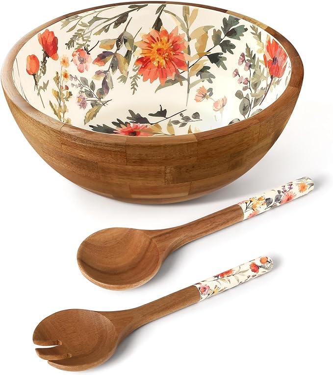 Greenual Salad Bowls Wooden Salad Bowl Set Large Bowls for Serving, Handmade with Serving Utensils Natural
