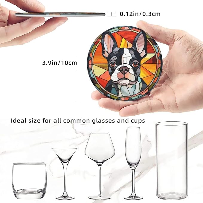 Drink Coaster Set of 6, Boston Terrier Dog Mom Lover Gift,Leather Drink Coasters with Holder,6 Pack Cup/Bar/Drink Coasters for Table/Drinks/Coffee Protection Housewarming Gift