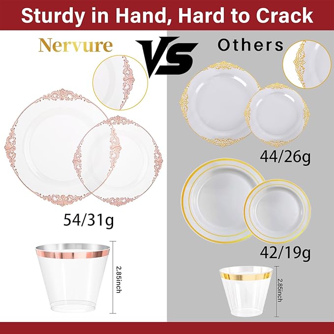Nervure 175PCS Rose Gold Plastic Plates - Disposable Rose Gold Party Plates & Pre Rolled Napkins with Cutlery for 25 Guests, 50Plates, 75Silverware, 25Cups, 25Napkin for Wedding & Party