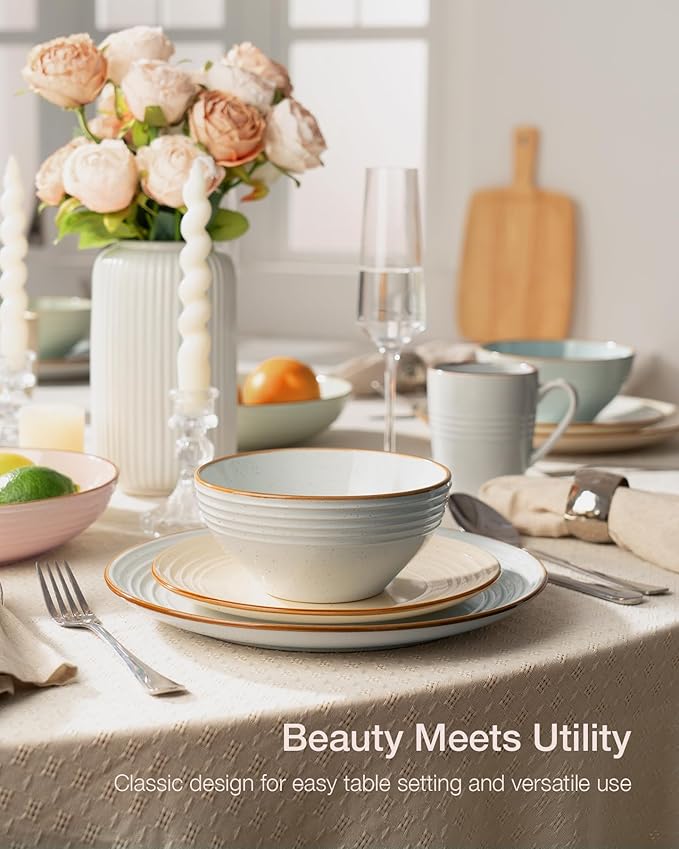 Famiware Jupiter Dinnerware Set, Plates and Bowls Dish Sets for 4 (12 Pieces), Microwave and Dishwasher Safe Stoneware Speckled Tableware, Chip and Scratch Resistant, Multi-color