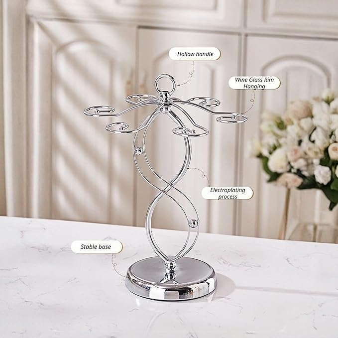 Wine Glass Holder Stand-Elegant Countertop Stemware Rack for 6 Glasses - Freestanding Stainless Steel Drying Organizer for Home Bar, Kitchen & Dining Table Decor