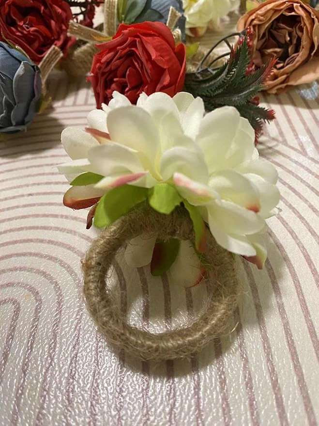 White Floral Napkin Rings Set of 6,Rustic Rose Napkin Rings Flower Dinner Napkin Holder for Table Decoration