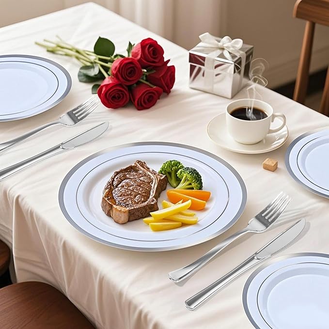 100 PCS Silver Plastic Plates, Silver Plastic Disposable Plates Include 50 Dinner Plate and 50 Dessert Plate Perfect for Holiday, Birthday, Wedding & Party