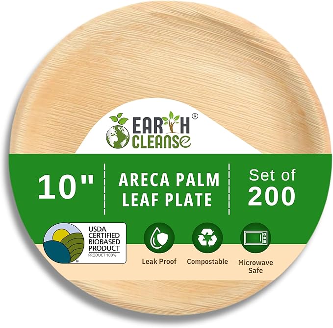 Compostable Palm Leaf Plates 10 Inch Round (200 Pack) | Disposable Biodegradable Plates Like Bamboo & Wooden | Microwave & Oven Safe | Eco-Friendly Dinnerware for Parties & Events