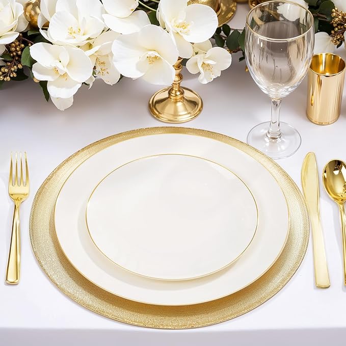 Nervure 100Pcs Ivory and Gold Plastic Plates - 7.5inch Disposable Ivory Dessert/Salad Plates - Heavy Duty Plastic Plate Ideal for Wedding & Party