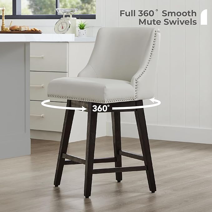 CHITA Counter Height Swivel Bar Stools Set of 3, FSC Certified Upholstered Counter Stools, Modern Swivel Barstools with Wood Legs for Kitchen Island, 26" Seat Height, Faux Leather in Creamy Grey