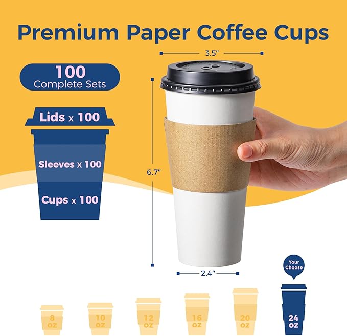 Fit Meal Prep 24 oz 100 Pack To Go Coffee Cups with Lids and Sleeves, Disposable Paper Coffee Cups with Lids for Hot/Cold Beverage