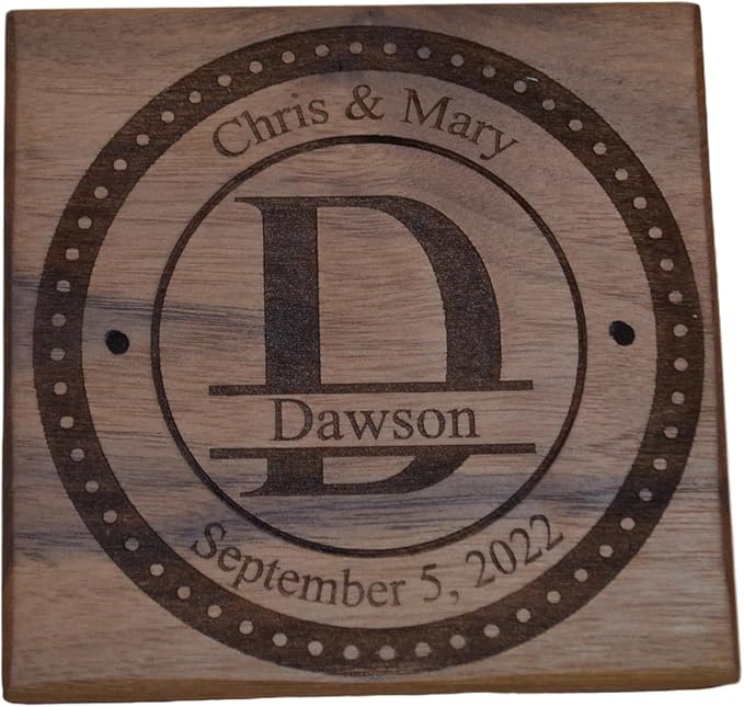 Personalized Wooden Coasters with Monogram, Wedding Date Engraved, Family Name- Choice of Wood (Split Letter Monogram)