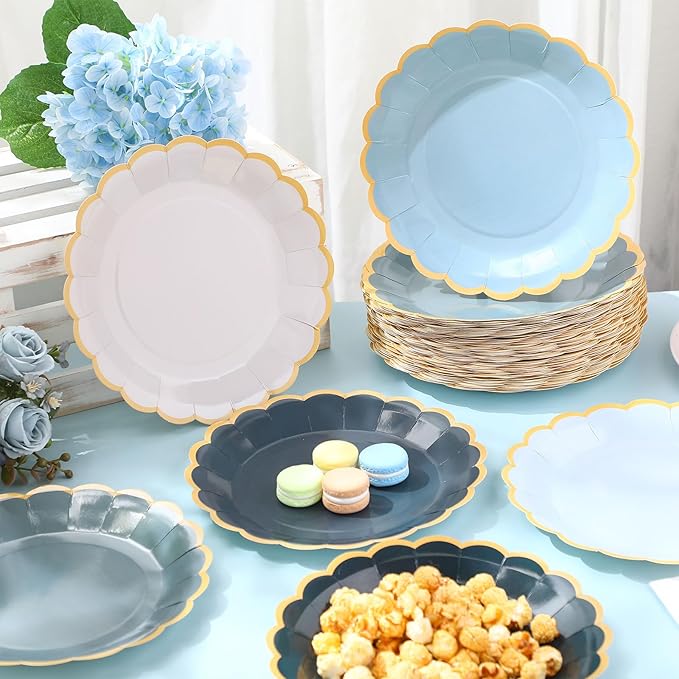 48 Pcs Dusty Blue Paper Plates 9 Inch Gradient Scalloped Paper Blue Plates Disposable Dinner Dessert for Birthday Wedding Bridal Party Supplies, 6 Colors