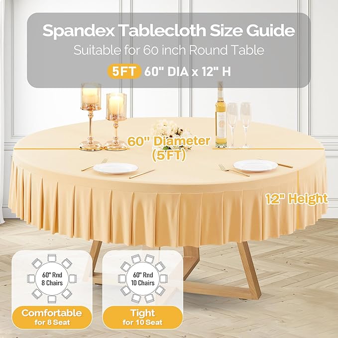 8 Pack Champagne Spandex Round Tablecloths for 60 inch Tables, Stretchy Fitted 5FT Round Table Cloths with Skirt for Wedding Party Dining Banquet
