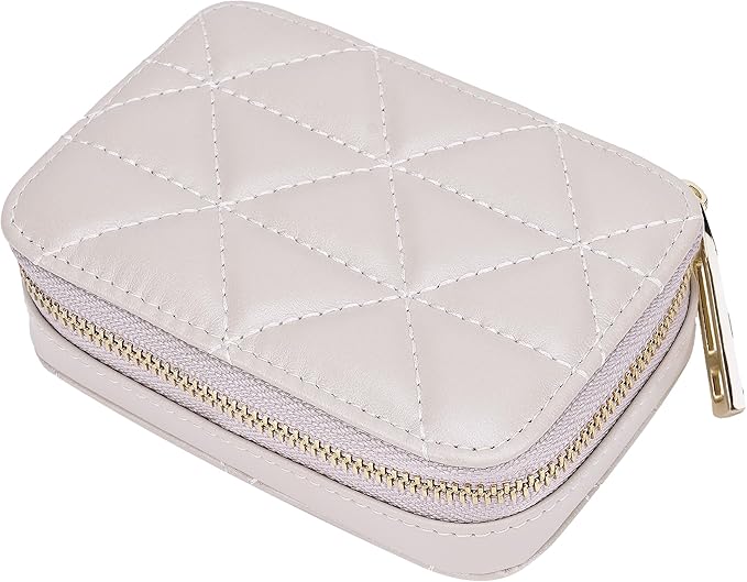 Lipstick Holder with Mirror for Purse, Genuine Leather Makeup Case, Compact Zippered Travel Cosmetic Organizer, Beige