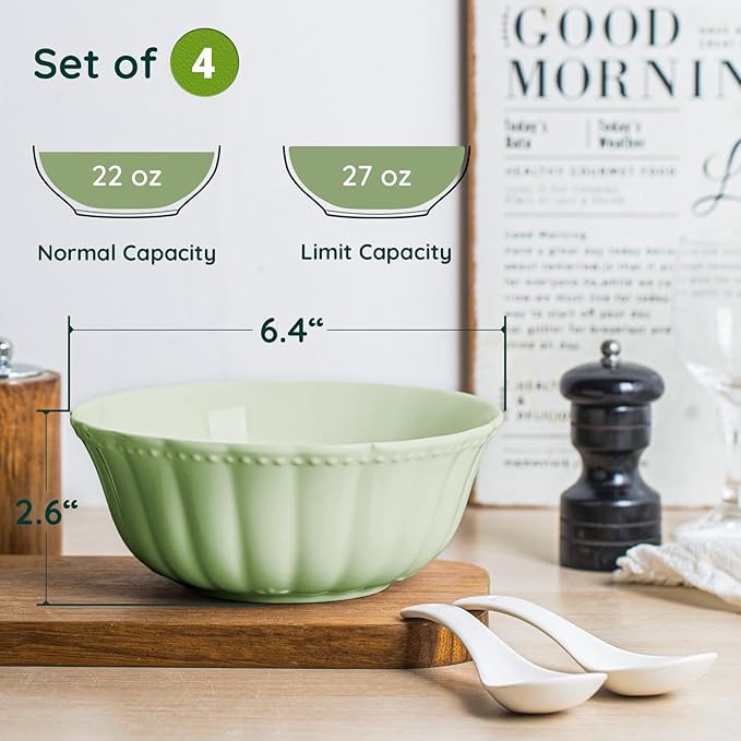 HOMBENE Ceramic Soup Serving Bowls for Kitchen, 6.4 Inch, Set of 4, Cereal Bowl Porcelain, Oven & Microwave Safe, Green