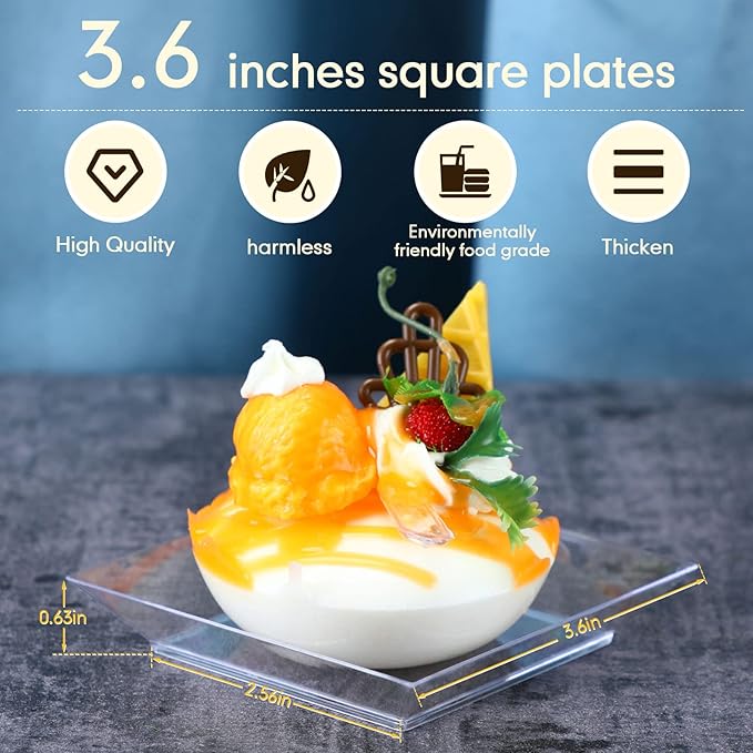 Zhehao 100 Pcs Plastic Dessert Appetizer Plates Disposable, 3.6 x 3.6 Inch Small Square Plastic Dessert Cake Plate for Party, Valentine's Day Wedding Birthday Bridal Baby Shower Supplies (Clear)
