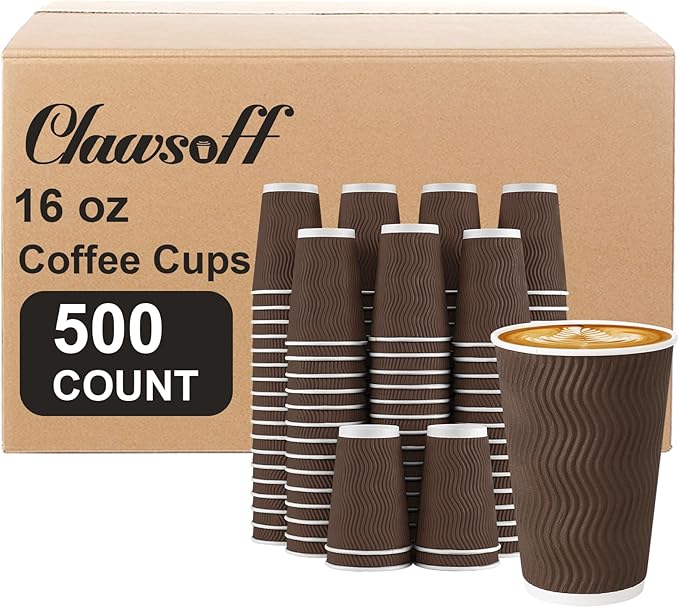 500 Pack 16 oz Disposable Coffee Cups No Lids, Insulated Ripple Wall Paper Coffee Cups 16oz for Hot Chocolate Tea Home Travel Office (Brown)