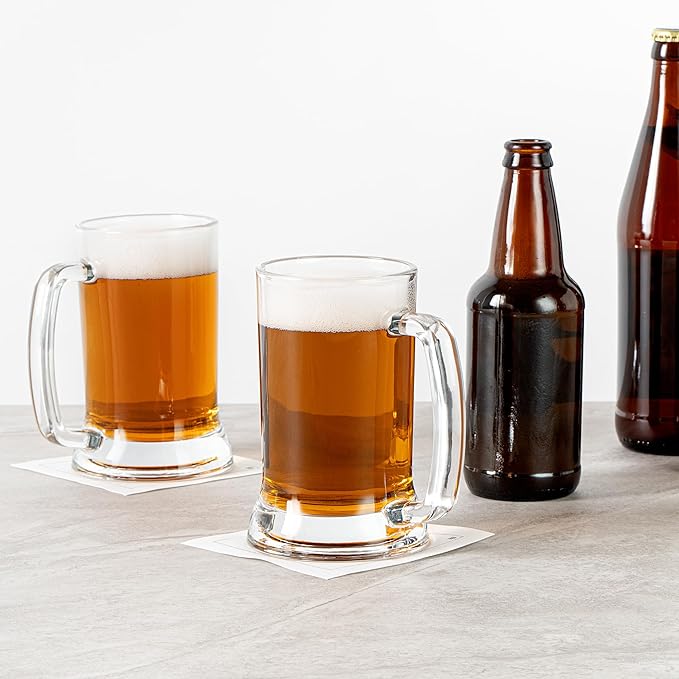 Restaurantware-Vetri 16 Ounce Beer Mugs, 6 Dishwashable Beer Glasses With Handle - No-Lead, Heavy Base, Clear Glass Large Stiens, For Pubs, Bars, Restaurants, Home, Hotel, Or Hosting Parties