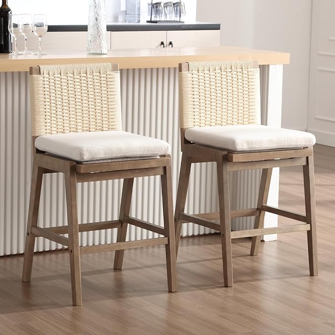 Counter Height Bar Stools Set of 2, 27” Linen Fabric Upholstered Counter Stools with Back, Modern Woven Barstools Mid Century Farmhouse Wooden Bar Chairs for Kitchen Island Dining Room, Beige