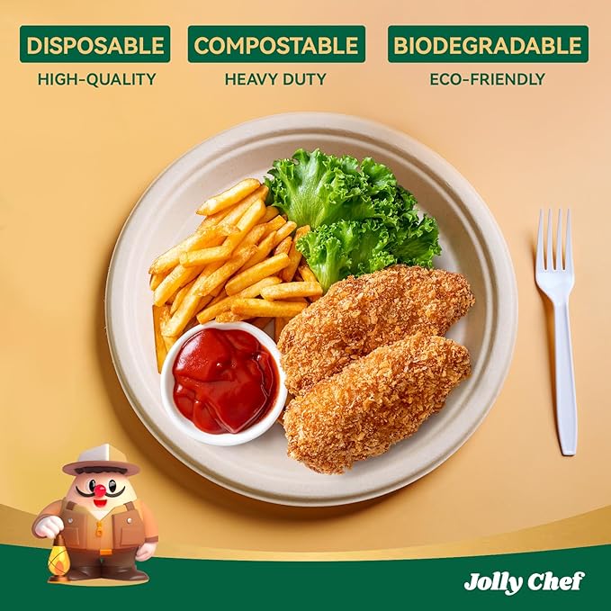JOLLY CHEF Compostable Heavy Duty Plates 𝟭𝟬 𝗜𝗻𝗰𝗵 [𝟯𝟬𝟬 𝗣𝗮𝗰𝗸] Eco-Friendly Disposable Paper Plates Made of Bagasse Biodegradable Bulk for Party Dinner Sugarcane Thanksgiving Day (Natural)