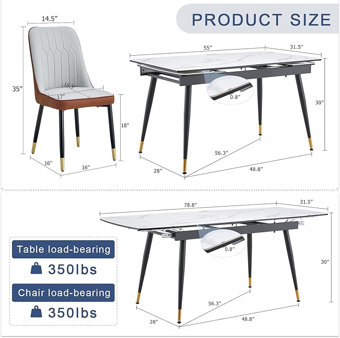 Extendable Dining Table Set for 8, 55'' to 78.8'' Rectangular Thickened Sintered Stone Kitchen Table with 8 Upholstered Chairs, Modern Space Saving 9-Piece Dinner Table Set
