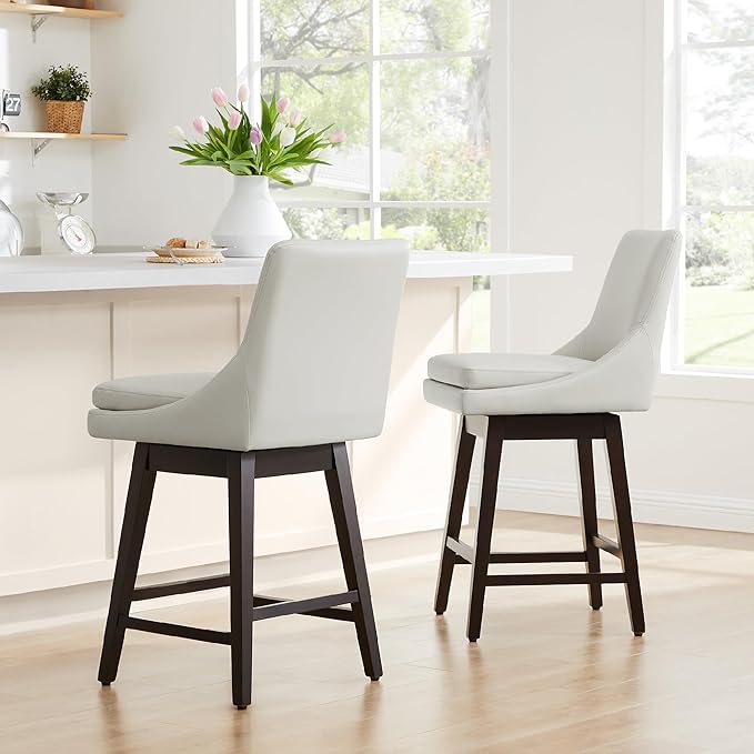 CHITA Counter Height Swivel Bar Stools Set of 3, FSC Certified Upholstered Faux Leather Barstool Chairs with Back, 26.8" H Seat Height, PU Leather in Creamy Grey