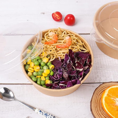25 oz Disposable Kraft salad paper bowls with lids, Food containers Soup Bowls Party Supplies Treat Bowls 50 Pack